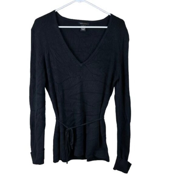 BCBGMAXAZRIA V-Neck Ribbed Long Sleeve Sweater with Waist Tie Large Minimalist - Picture 1 of 6